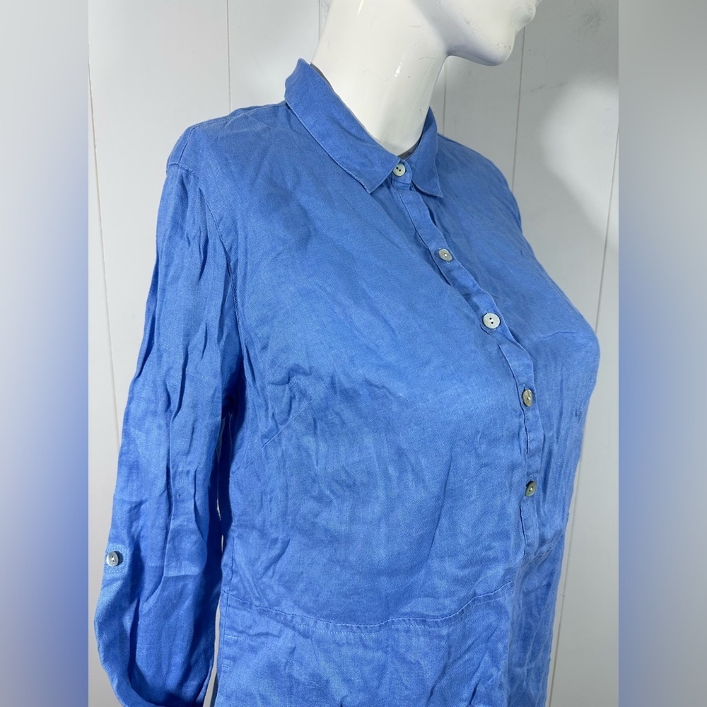 J Jill Love Linen Sz S Petite Blue Half Button Tunic With Side Pockets Roll Tab - Picture 5 of 12